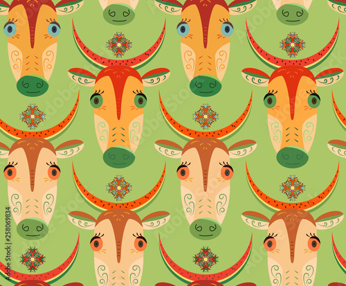 Cartoon cows with big eyes and watermelon peel on the head. Seamless pattern with cows. Children's room, office supplies, fabric, soft furniture, paper, wallpaper and other your fantasy. Vector
