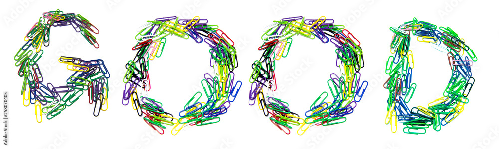 Word good made from color paper clips on a white isolated background