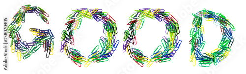 Obraz na płótnie Word good made from color paper clips on a white isolated background w salonie