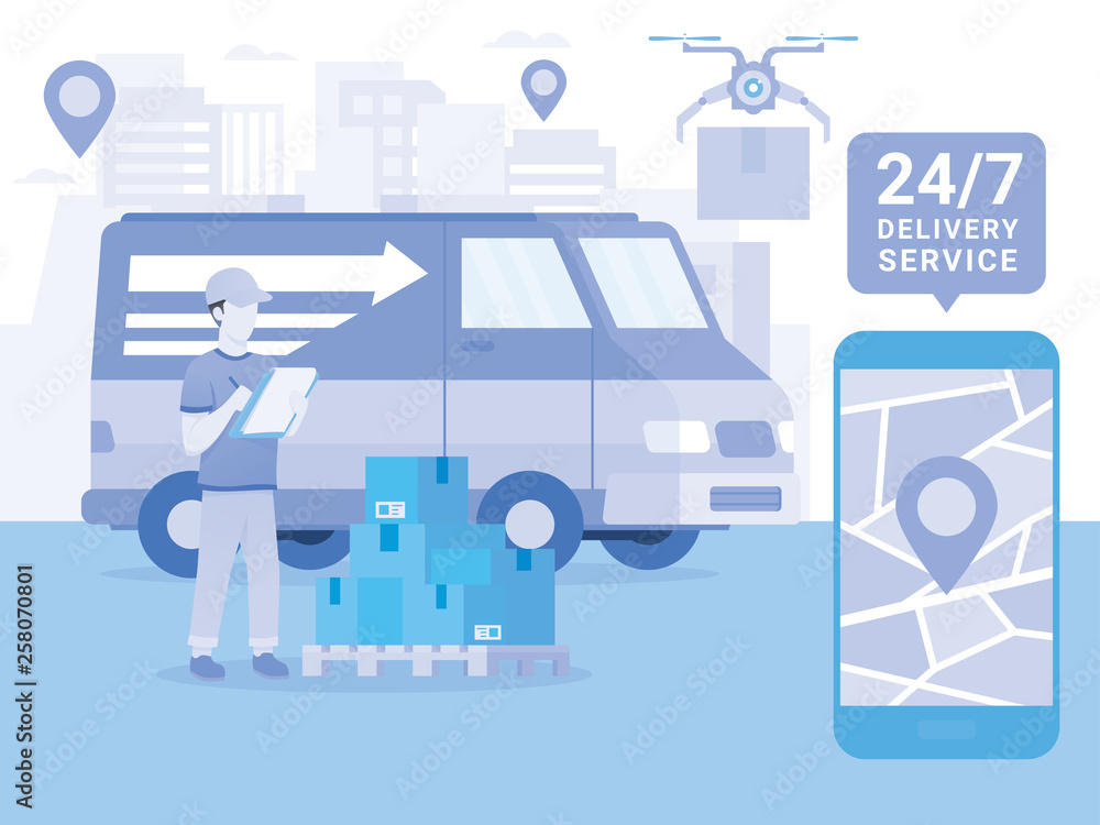 Logistics and transportation, delivery service. Online Tracking the movement of parcels in a smartphone. Online delivery service concept, online order tracking. Logistic delivery vector illustration