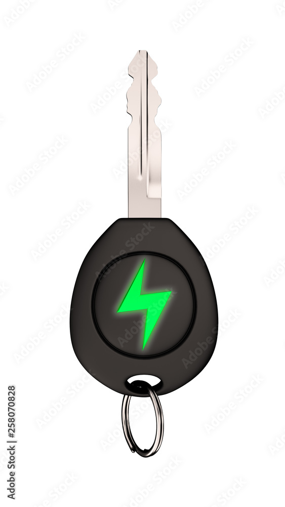 Electric car key with green lightning bolt sign, horizontal, side view