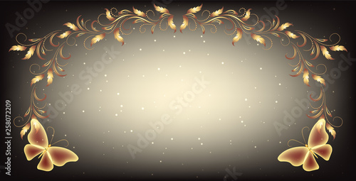 Stellar space background with magical butterflies and golden ornament