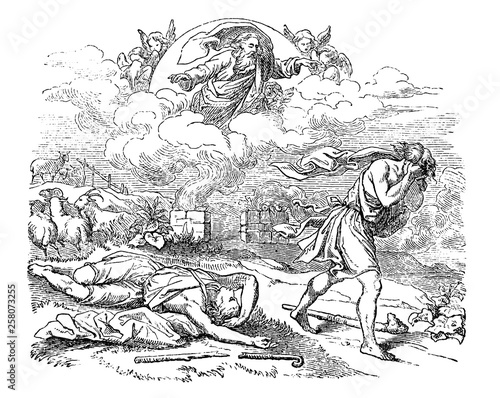 Vintage antique illustration and line drawing or engraving of biblical Cain who murdered his brother Abel. Genesis 4:1-18.
