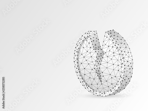 Blank broken Coin symbol origami 3d illustration. Polygonal Vector business money, unstable finance, crash, broken circle concept. Low poly wireframe, triangle, lines, dots, polygons. White background