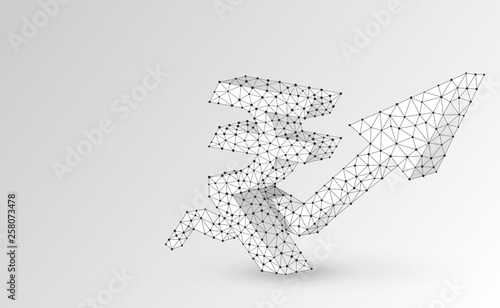 Growth arrow, Rupee currency, digital origami 3d illustration. Polygonal Vector business, success, data cash, finance concept. Low poly wireframe, triangle, lines, dots, polygons. White background