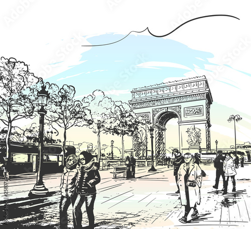 Sketch of Arc de Triomphe in Paris, France, seen from Avenue des Champs-Elysees with tourists and people walk, Hand drawn illustration