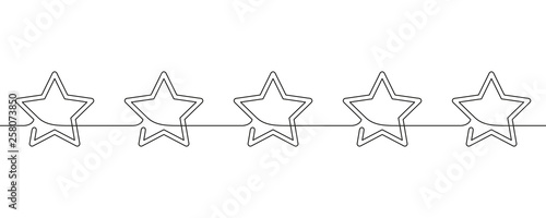 Continuous line drawing of stars decorative seamless border, Black and white minimalistic linear illustration made of one line, Five stars customer product rating review icon