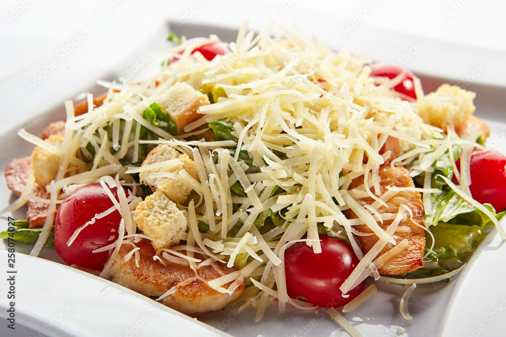 Caesar Salad with Shrimps, Croutons, Tomatoes, Cucumbers Caesar Salad with Shrimps, Croutons, Tomatoes, Cucumbers