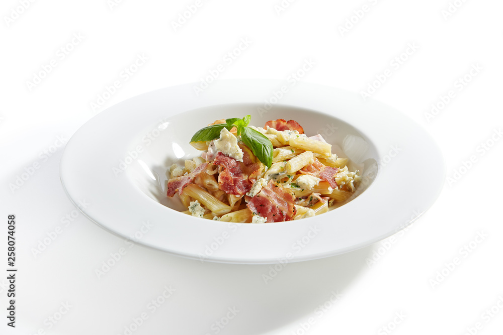 Italian Penne Pasta with Bacon and Blue Cheese Close Up Italian Penne Pasta with Bacon and Blue Cheese Close Up