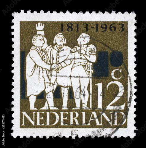 Stamp issued in Netherlands shows G. K. van Hogendorp, Graf van der Duyn van Maasdam, Graaf van Limburg Stirum, Dutch Leaders, circa 1963.