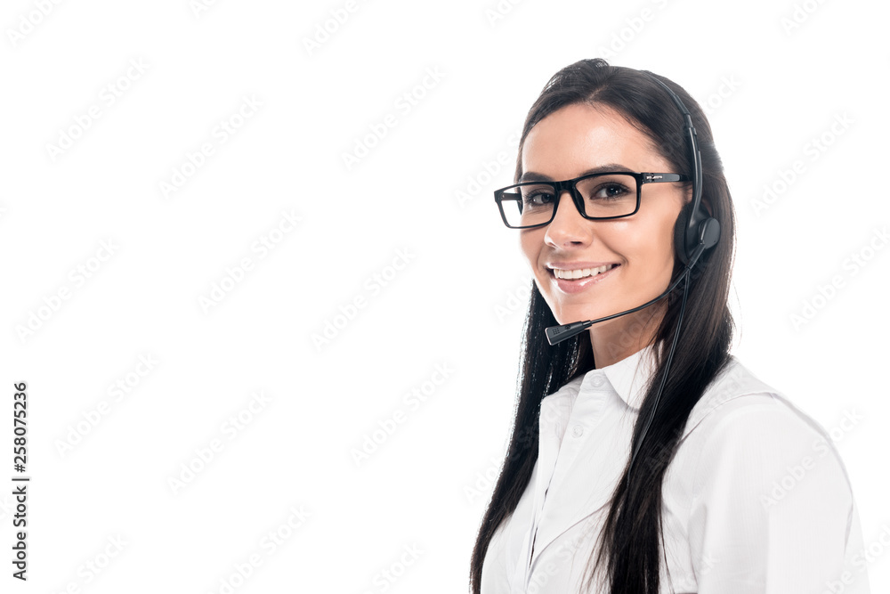 Smiling call center operator in glasses looking at camera isolated on white