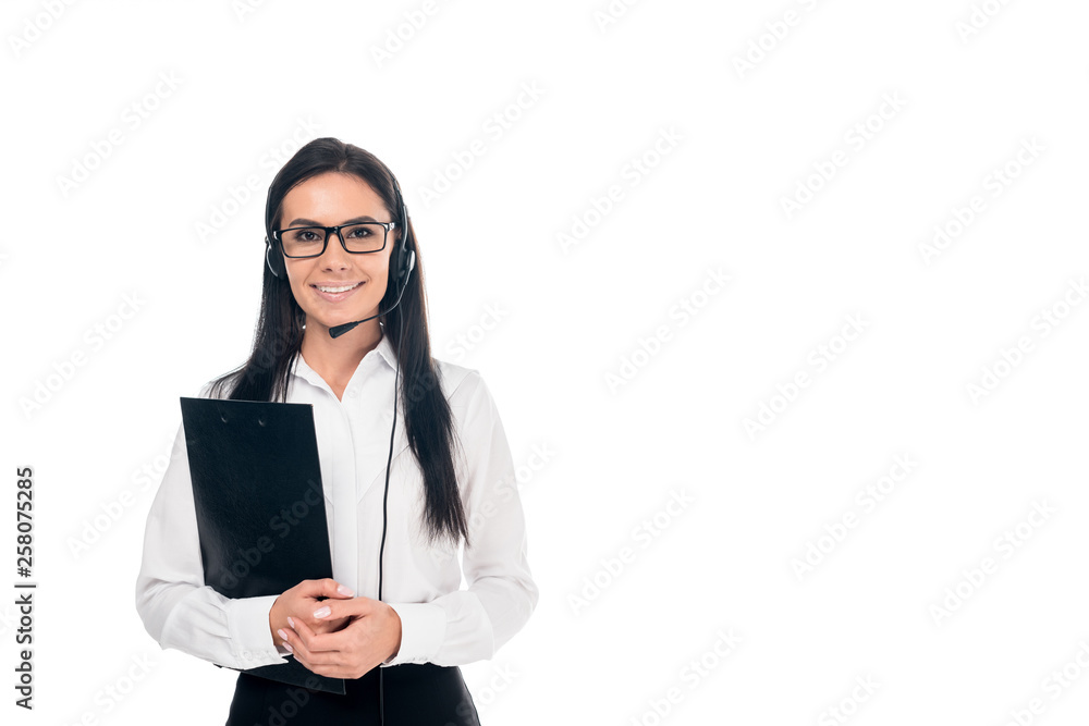 Smiling call center operator in glasses holding clipboard isolated on white Smiling call center operator in glasses holding clipboard isolated on white