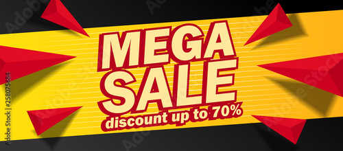 Mega Sale banner with yellow and black background discount up to 70 % off