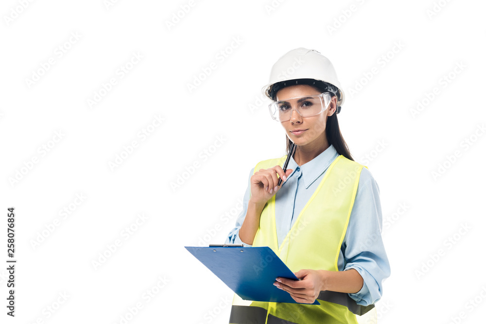Engineer in hardhat holding clipboard isolated on white Engineer in hardhat holding clipboard isolated on white