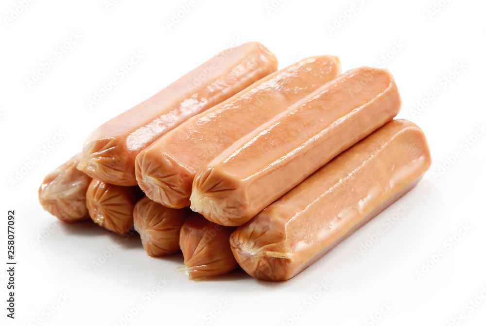 sausages, Hot Dog sausages on a white background sausages, Hot Dog sausages on a white background