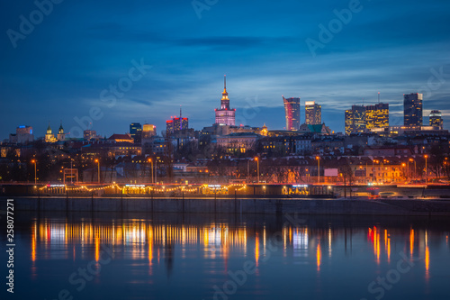Panorama of skyscrapers in the center of Warsaw at night, Poland
