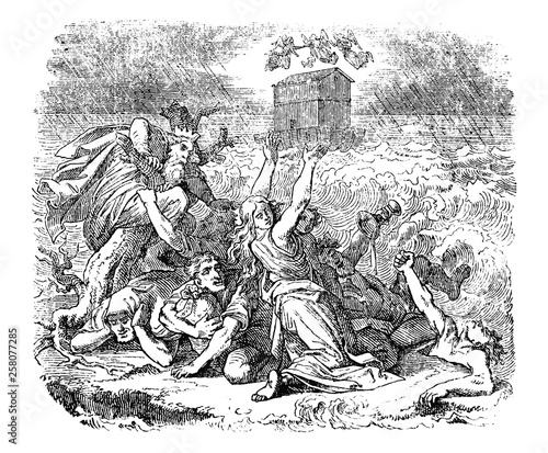 Vintage antique illustration and line drawing or engraving of biblical Noah's Arc floating on water during Genesis flood while sinners are facing drowning. Genesis 6:9-9:17.