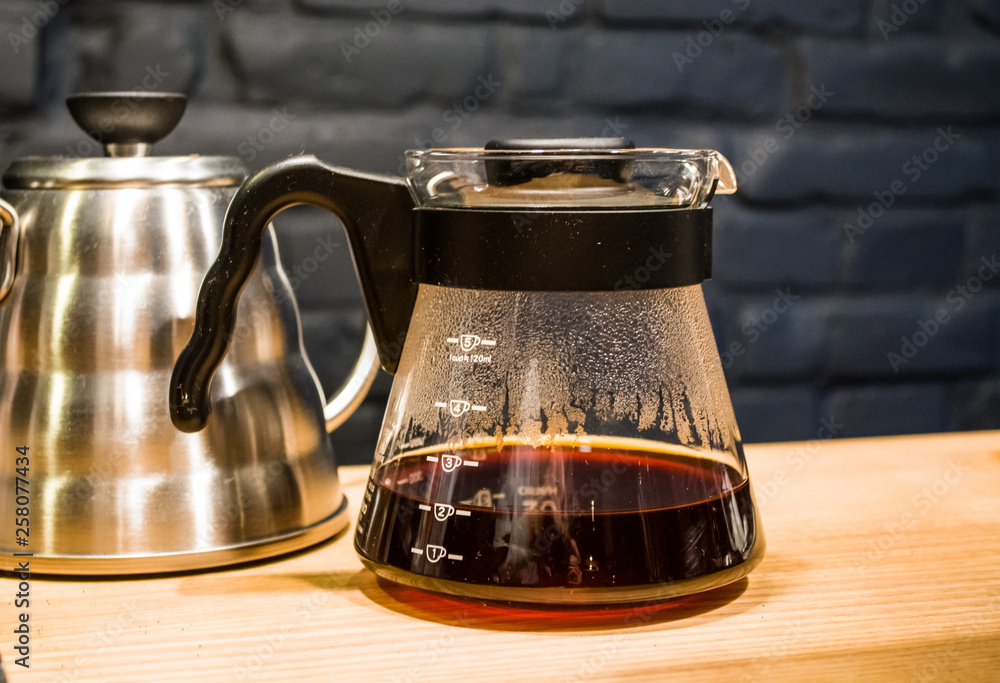 Coffee prepare an alternative method in coffee glass pot. Caffeine. Pour over. V60. The server.