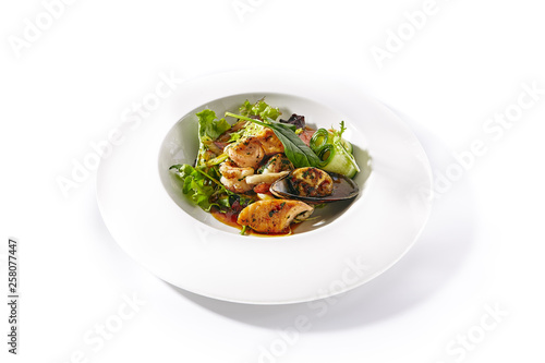Warm Seafood Salad with Vegetables, Green Leaf Mix and Spicy Dressing