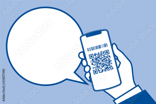 Hand holding smartphone with QR code and barcode displayed, speech bubble, cashless image, vector data