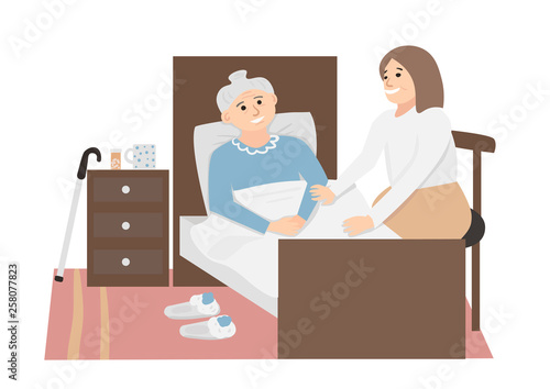 Nurse caring for a sick elderly woman lying in bed. Smiling helper holding the hand of an elderly patient. Care and emotional support for single people. Vector illustration.