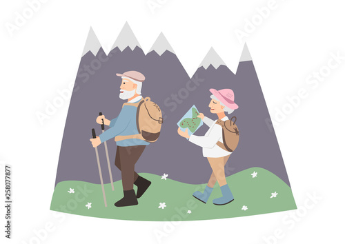 Active elderly man and woman. People with hiking sticks walking in the mountains. Camping trip, hike, backpacking. Couple on background mountains nature.