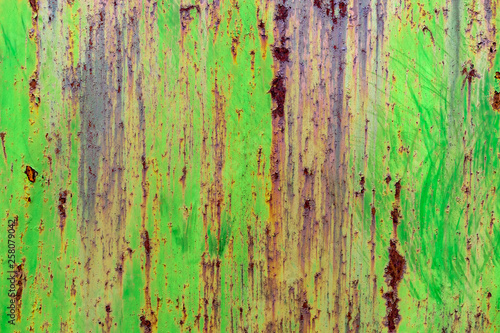 Detail of green painted, old, metal, rusty doors. Grunge texture of rusty metal with scratches 