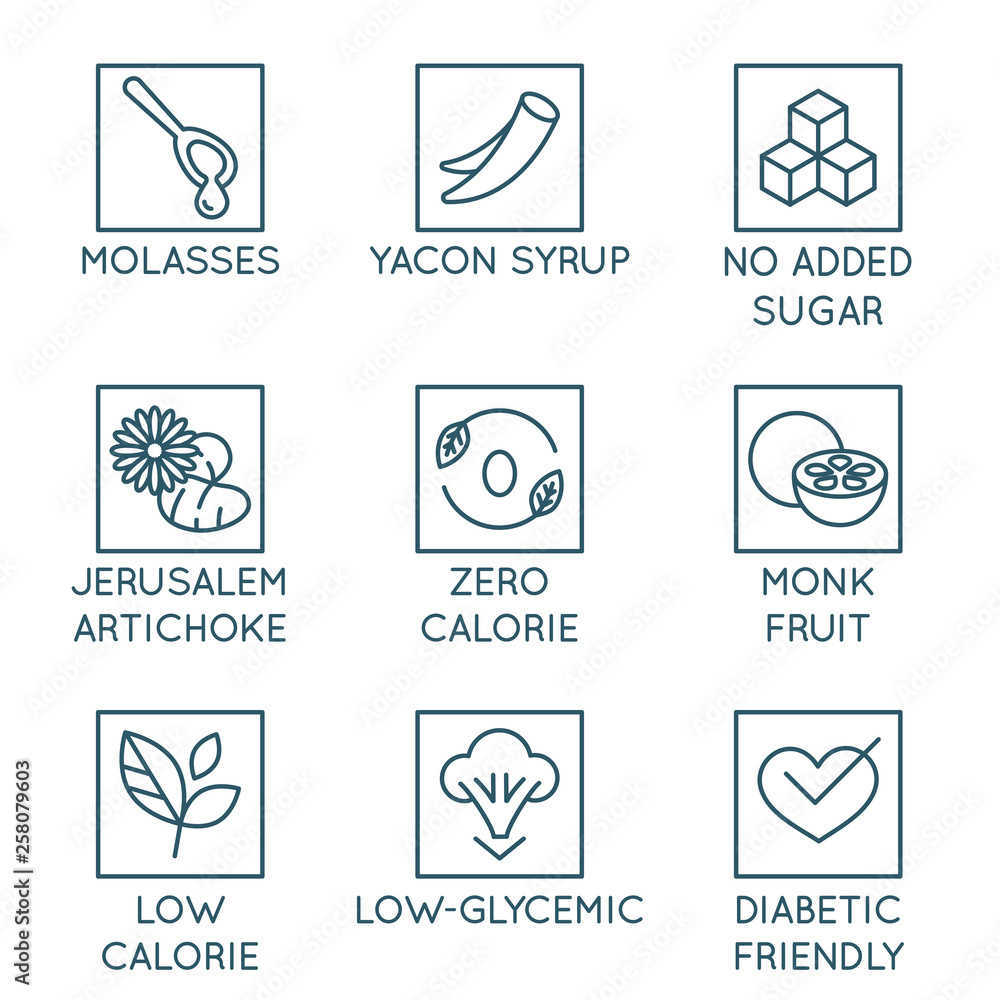 Vector set of logo design elements, badges and icons - alternative sweeteners. Natural substitutes for added sugar for healthy and organic products