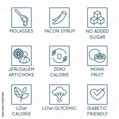 Vector set of logo design elements, badges and icons - alternative sweeteners. Natural substitutes for added sugar for healthy and organic products