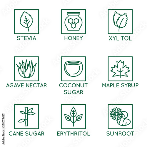 Vector set of logo design elements, badges and icons - alternative sweeteners. Natural substitutes for added sugar for healthy and organic products