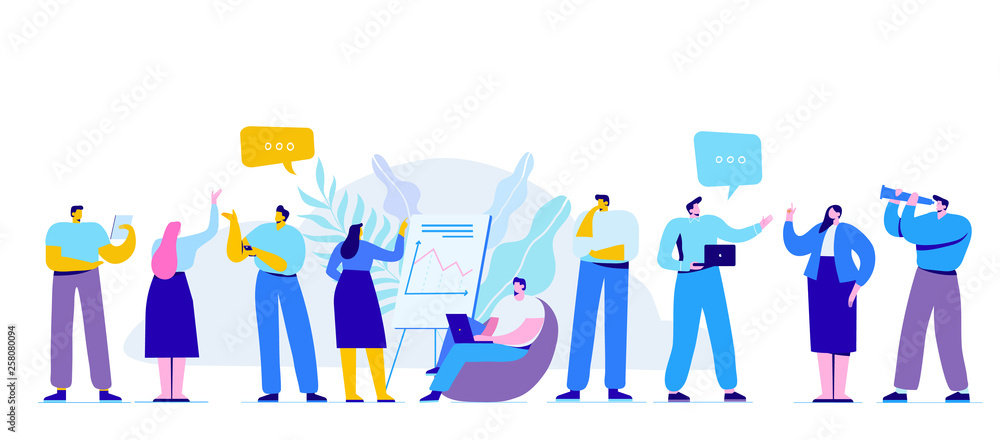 Creative team characters flat vector horizontal banner. Discussion people. Team thinking and brainstorming. Flat vector illustration. Creative team characters flat vector horizontal banner. Discussion people. Team thinking and brainstorming. Flat vector illustration.