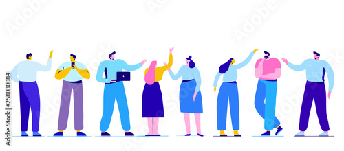 Creative team characters flat vector horizontal banner. Discussion people. Team thinking and brainstorming. Flat vector illustration.