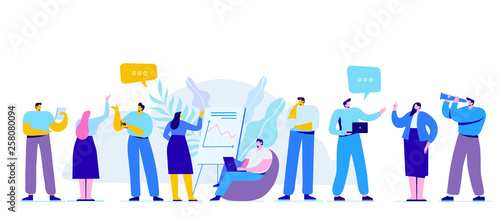 Creative team characters flat vector horizontal banner. Discussion people. Team thinking and brainstorming.  Flat vector illustration.