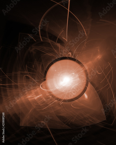 Abstract scientific 3d explosion illustration. Strong emission of energy. Concept research in the field of nuclear energy.
