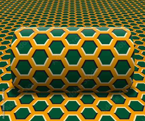 Cylinder is rolling along the inclined surface. Abstract objects with hexagons pattern. Vector optical illusion illustration.