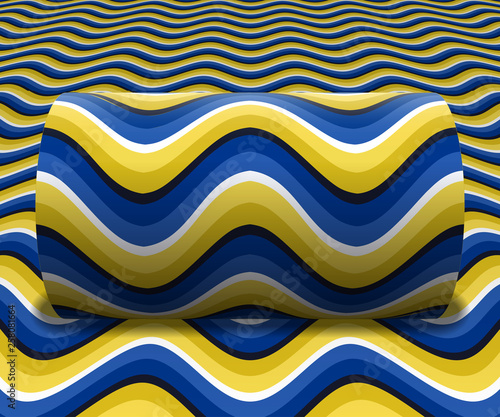 Cylinder is rolling along the inclined surface. Abstract objects with wavy stripes pattern. Vector optical illusion illustration.