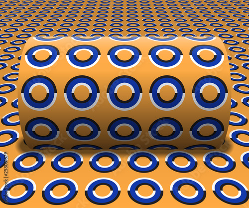 Cylinder is rolling along the inclined surface. Abstract objects with rings pattern. Vector optical illusion illustration.