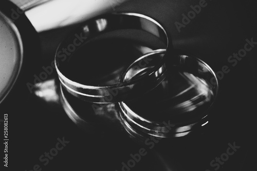 Wedding engagement rings. Love concept.Selective focus. Black and white photo with highlights