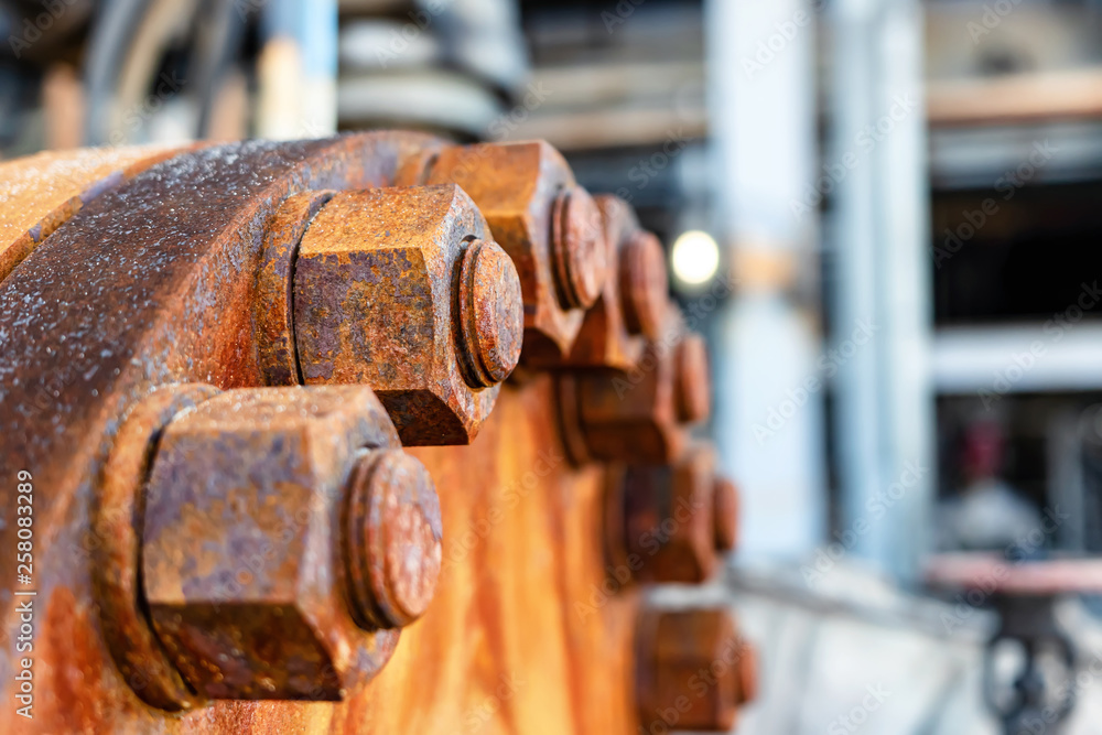 The cover of the old rusty heat exchanger covered with the same rusty ...