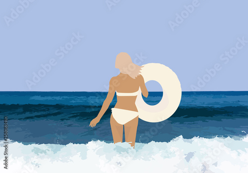 Girl in a swimsuit with an inflatable ring on the sea background. Vector illustration.