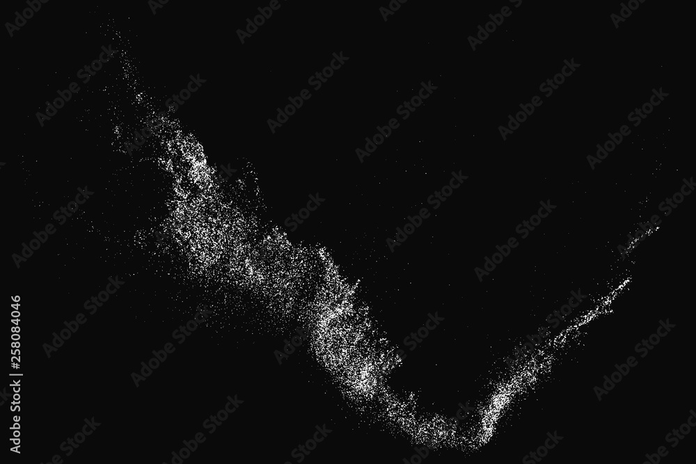 White grainy texture isolated on black background. Dust overlay. Light coloured noise granules. Snow vector elements. Illustration, eps 10.