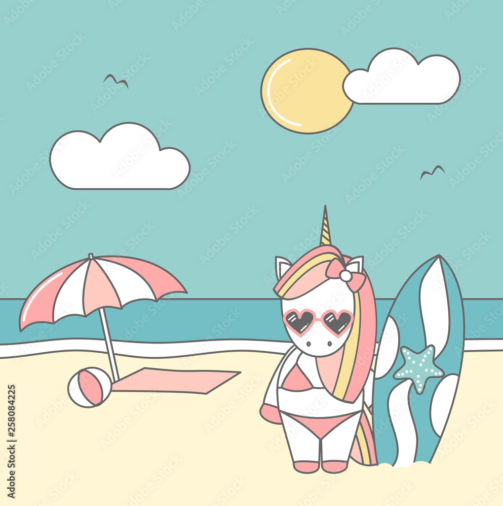 cute cool cartoon unicorn surfer on the beach funny summer vector illustration