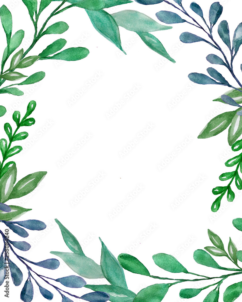 Beautiful watercolor decoration made of green hand drawn leaves with copy space, frame for invitations, print