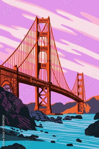 San Francisco Golden Gate Bridge Purple Sky River and Rocks 