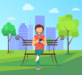 Man sitting on bench in city park on background of skyskrapers and listens music on smartphone in free wi-fi zone vector illustration in flat design.