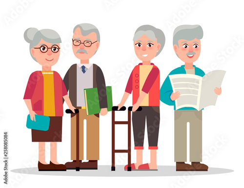 Elderly couples with grey hair, wooden canes, eyesight glasses, book in hardcover and daily newspaper isolated vector illustration.
