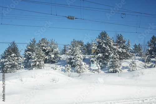 Russia; snowy landscape of Lapland outside the train