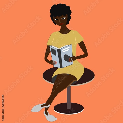 Black woman reads a book. Girl with curly dark hair holds paper book. Ethnic character as an isolated object. Education or leisure reading image