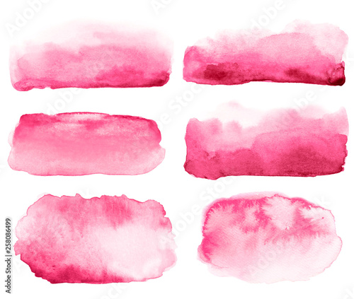 Collection of abstract watercolor hand drawn pink brush strokes.