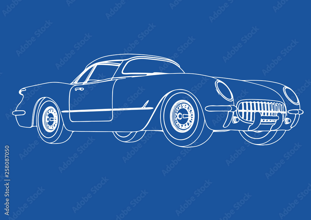 Naklejka premium drawing of a retro sport car on blue background vector